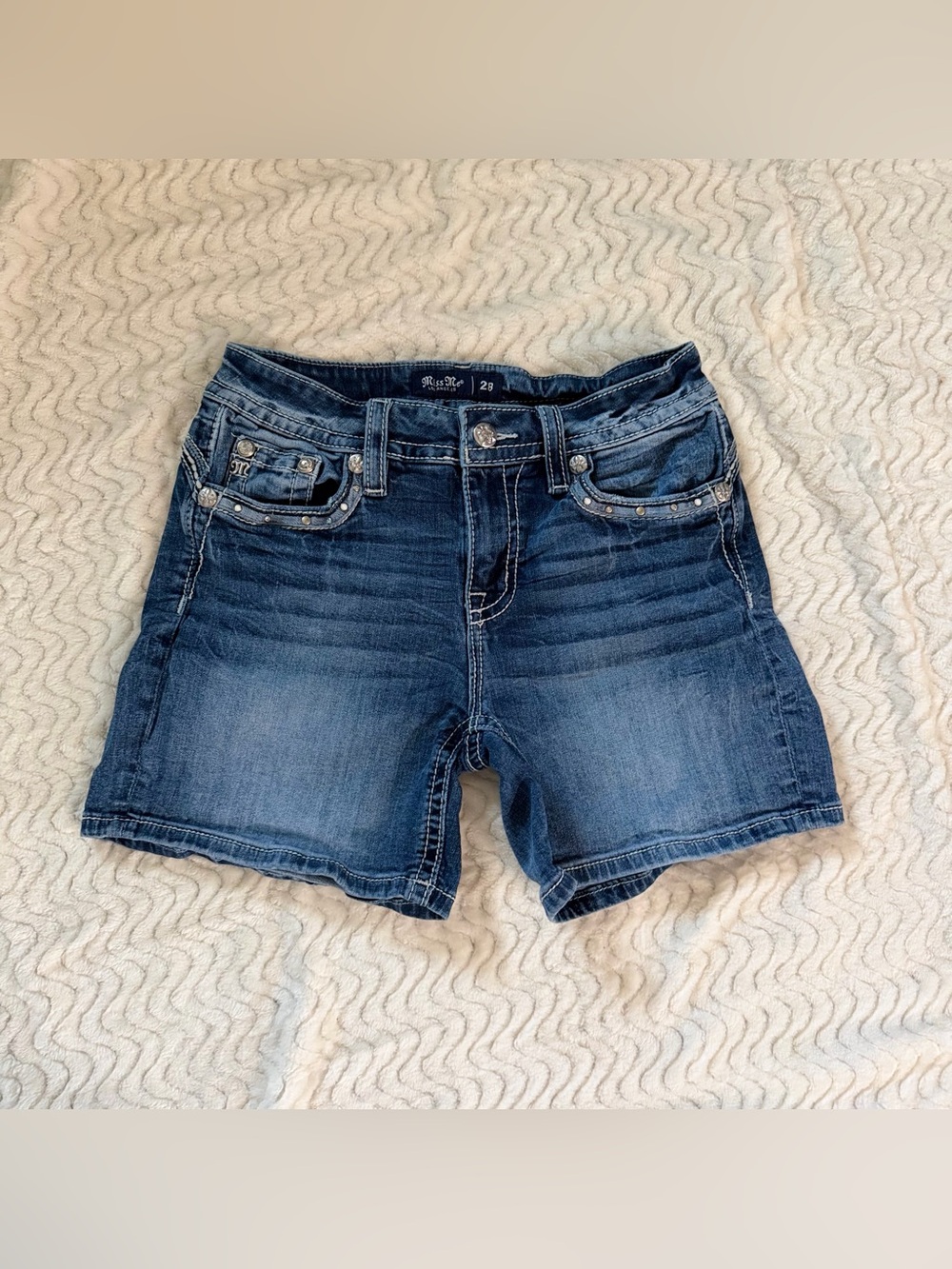 Miss Me Medium Wash Denim Jean Shorts with Stud Details - Blue
